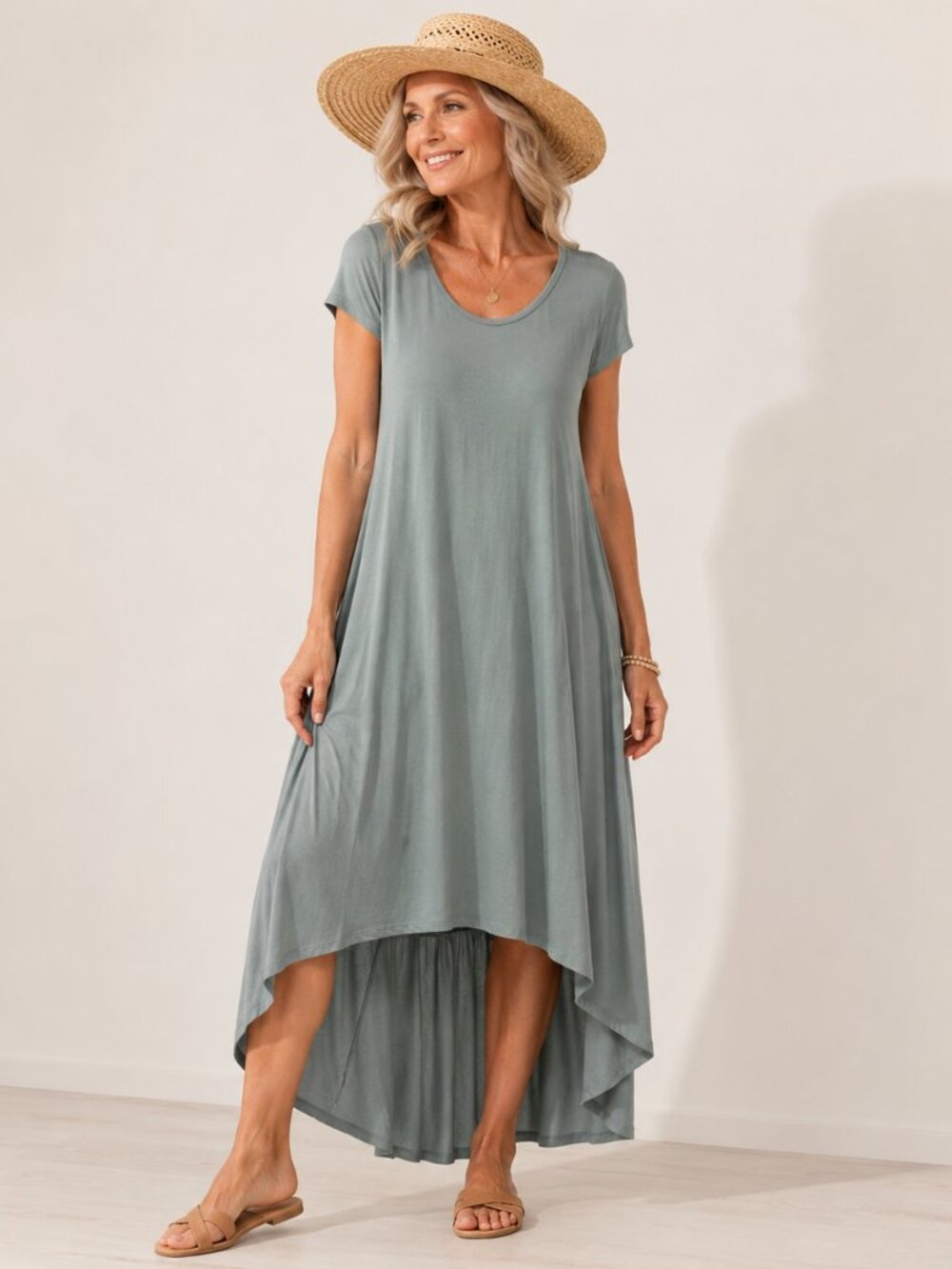 H by Halston Olive Green High-Low Maxi Dress Short Sleeve Rayon Blend Size M